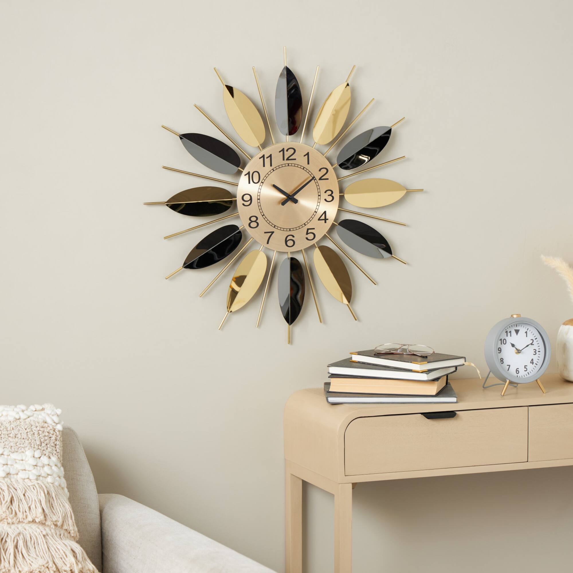 26" Gold Stainless Steel Metal Leaf Radial Decorative Wall Clock with Black Accents
